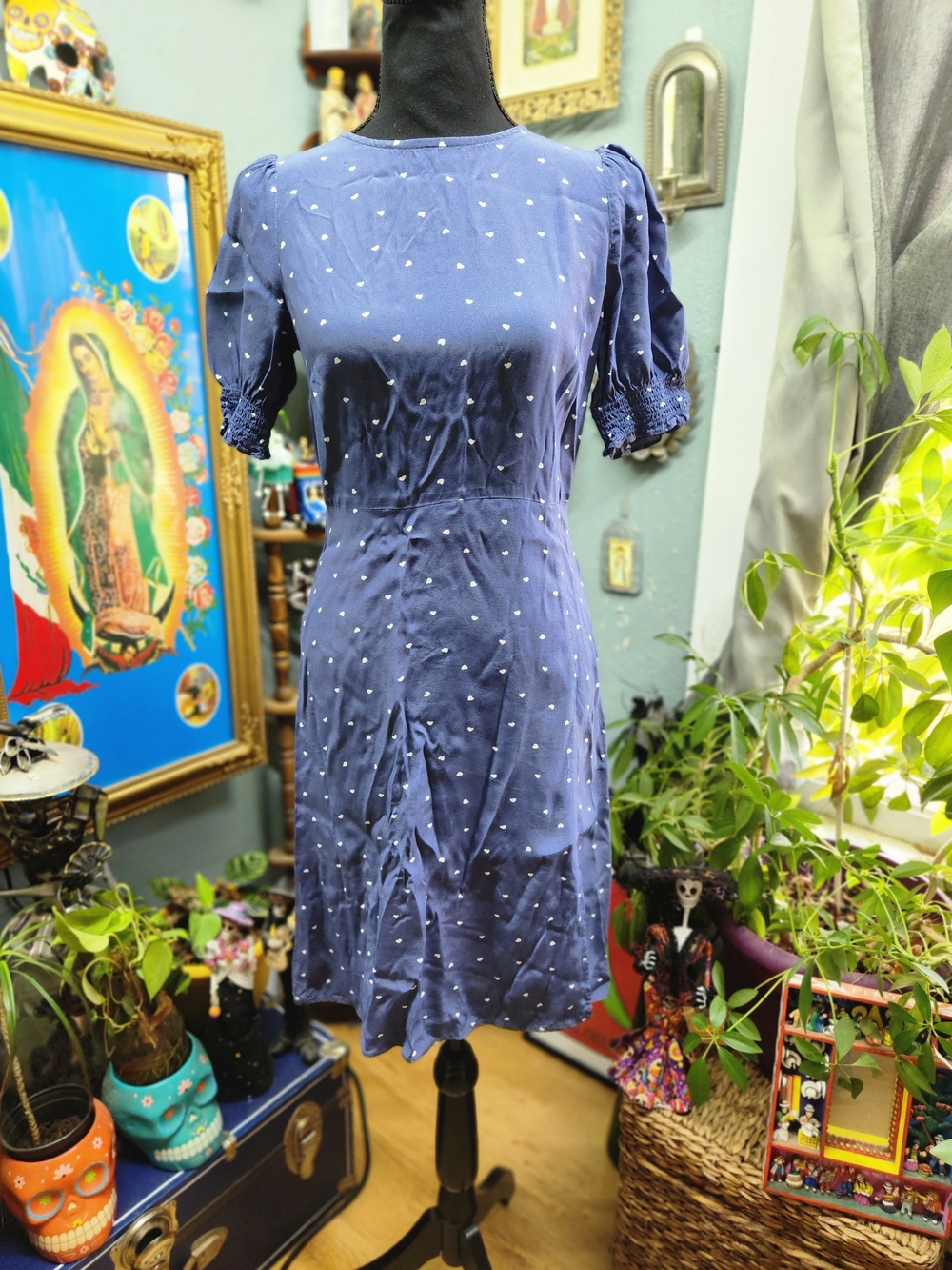 LOFT Navy Midi Dress with White Heart  Print